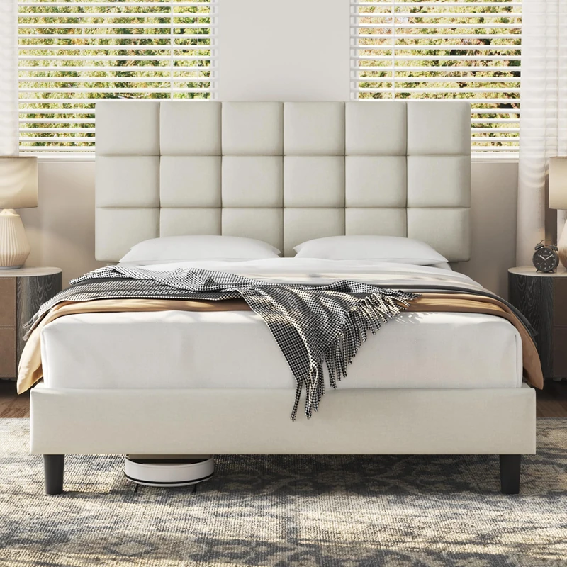 Yaheetech King Upholstered Bed Frame with Adjustable Square Tufted Headboard/Linen Fabric/Sturdy Wooden Slat Support/No Box Spring Needed, 5ft Beige