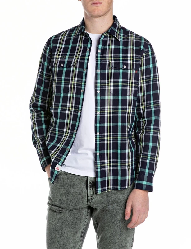 Replay Men's Shirt, 010 Navy/Lt Green, M