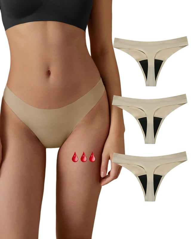SHARICCA Menstrual Panty Absorbent Tanga Under Clothing Washable Reusable Thong for Girls, 3P02-Beige, XS