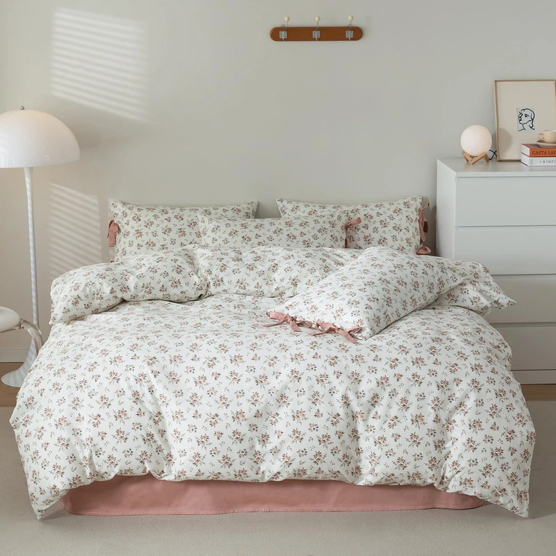 EAVD Vintage Style Pink Floral Comforter Set Queen Girls White Fluffy Microfiber Chic Garden Floral Bedding Set with 2 Pillowcases Reversible Fresh Botanical Comforter Set for All-Season