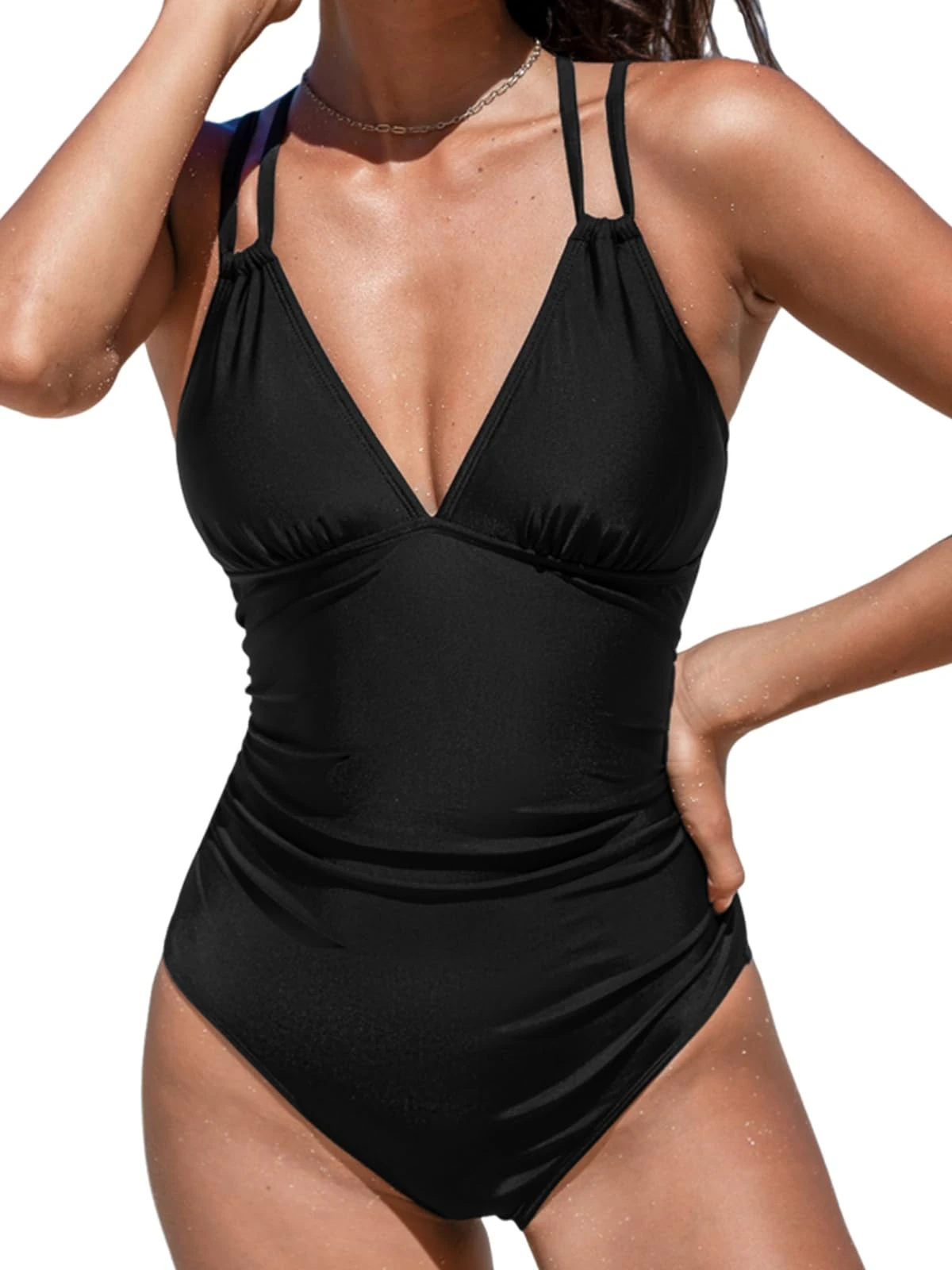 CUPSHE Women's One Piece Swimsuit V Neck Tummy Control Swimming Costume Double Adjustable Straps Back Cutout O-Ring Black XS