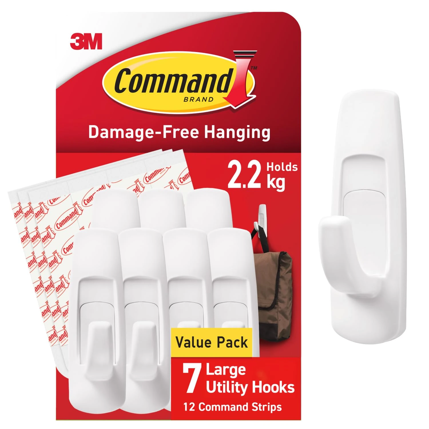 Command Large Utility Hook, Pack of 7 Hooks and 12 Adhesive Strips, White - Damage Free Hanging - Holds up to 2.2kg