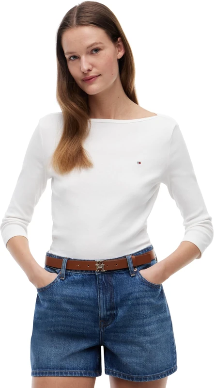 Tommy Hilfiger Women’s Long Sleeve Slim Fit New Cody Top with Boat Neck, White (Nos Ecru), L