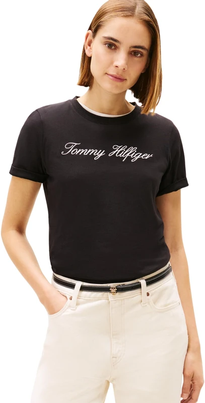 Tommy Hilfiger Women’s Short Sleeve Round Neck Regular Script T-Shirt, Black (Nos Black), XL