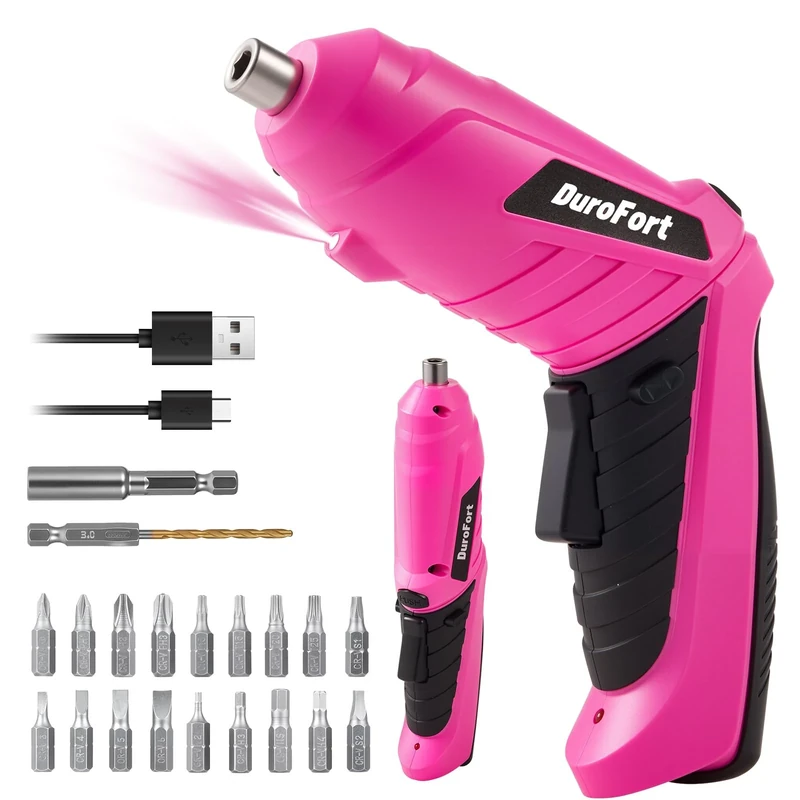 Durofort 3.7V Cordless Electric Screwdriver Set, Pink Rechargeable Small Screwdriver Drill Kit with 25Pcs Driver Bit, 3Nm Screw Gun with 2 Position Handle, 1300mAh Flexible Shaft LED Light for Women