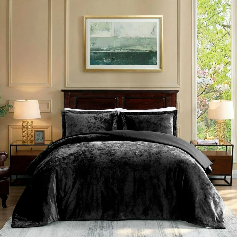 TAMGHO Velvet Comforter King, Luxuriously Soft King Size Comforter Set, Lightweight Bed Set for All Seasons, Oversized Comforter (108"x96") with 2 Matching Shams (20"x36"), Black