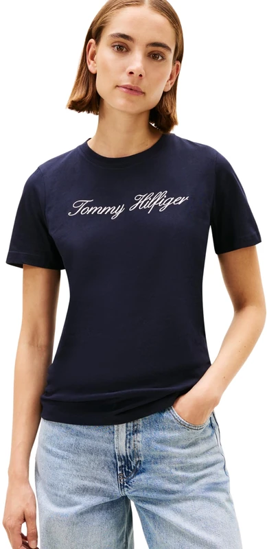 Tommy Hilfiger Women’s Short Sleeve Round Neck Regular Script T-Shirt, Blue (Nos Desert Sky), S