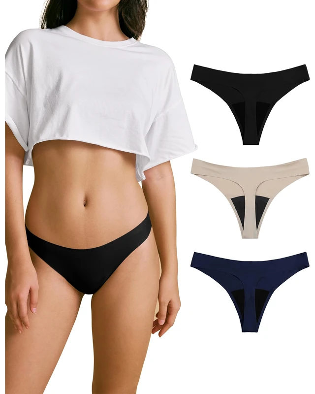 SHARICCA Seamless Menstrual Panties Absorbent Menstrual Bikini Thong Washable Period Mentruation Thong, 3pack-multicoloured03, XS