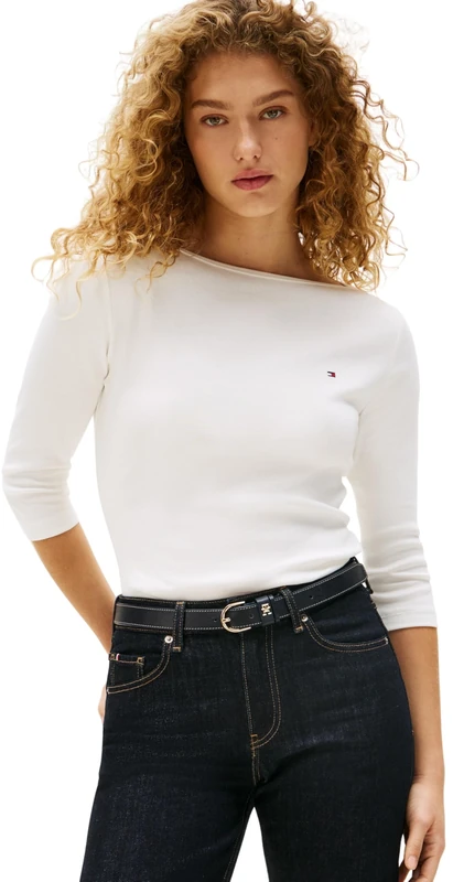 Tommy Hilfiger Women’s Long Sleeve Slim Fit New Cody Top with Boat Neck, White (Nos Ecru), XXXL