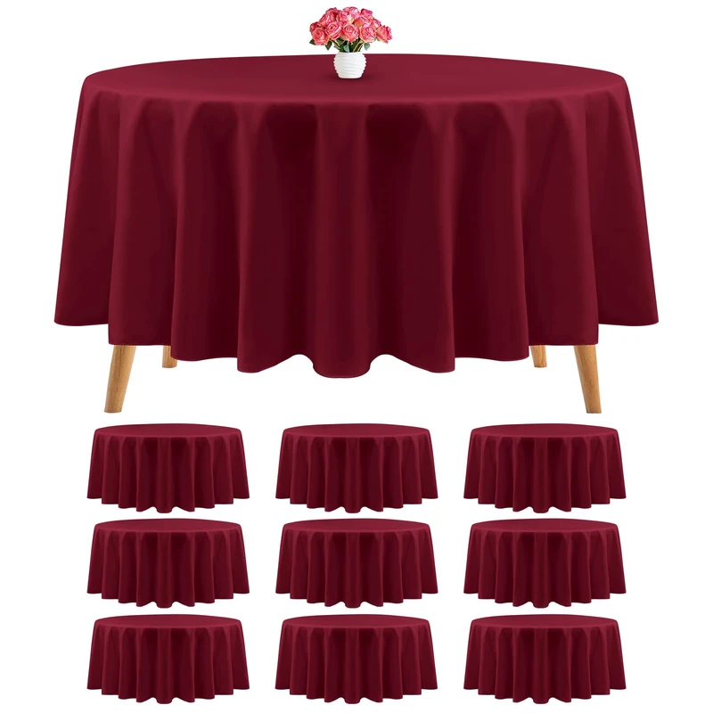 Teruntrue 10 Pack Premium Round Burgundy Polyester Tablecloths - 90 Inch Washable Fabric Table Cover for Wedding, Banquet, Buffet, Holiday Dinner