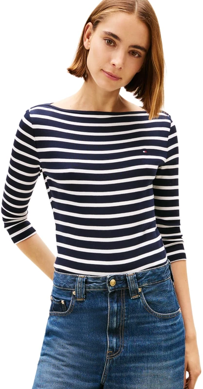 Tommy Hilfiger Women’s Long Sleeve Slim Fit New Cody Top with Boat Neck, Multicolor (Nos Breton Desert Sky/Ecru), M