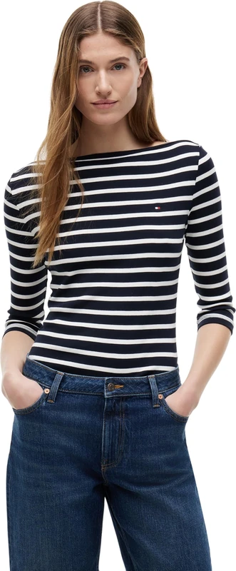 Tommy Hilfiger Women’s Long Sleeve Slim Fit New Cody Top with Boat Neck, Multicolor (Nos Breton Desert Sky/Ecru), L