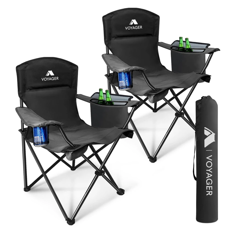 Voyager 2 Pack Folding Camping Chairs with Cooler Bag - Black