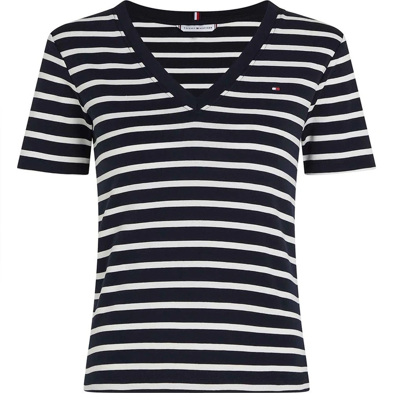Tommy Hilfiger Women’s Short Sleeve T-Shirt New Slim Cody V-Neck, Multicolor (Nos Breton Desert Sky/Ecru), S