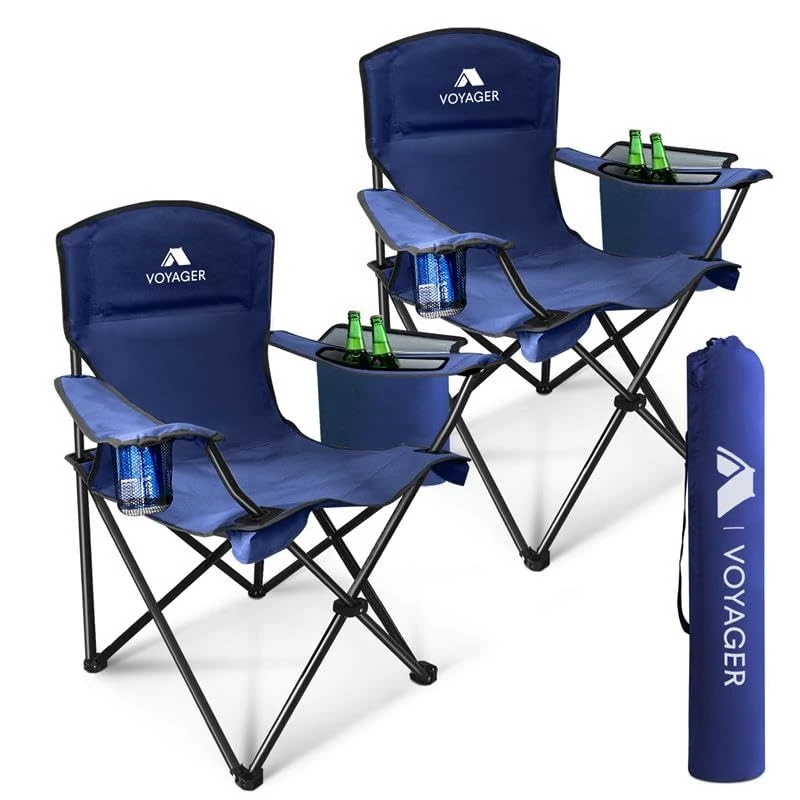 Voyager Folding Camping Chairs 2 Pack with Cooler Bag, Lightweight Q195 Steel Frame, 600D Oxford Fabric, Portable & Comfortable - Navy