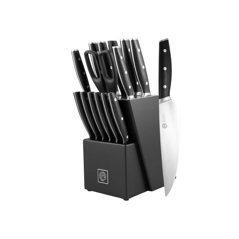 MasterChef Kitchen Knife Set with Block and Sharpener Plus Scissors, 15pc Chef Knife Set of Professional Grade Kitchen Knives with Sharpened High Carbon Stainless Steel Blades & Triple Riveted Handles