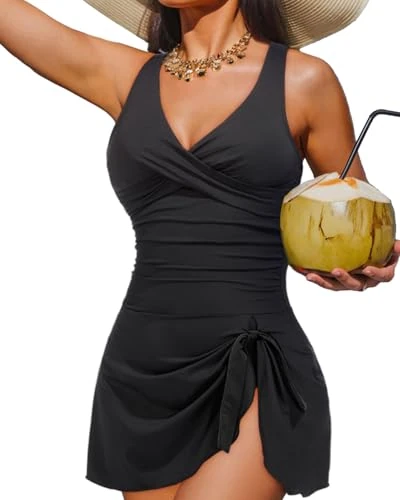 One Piece Swimdress Swimsuit Women - Tummy Control Bathing Suit Dress Tie Knot Swimwear, Black, S
