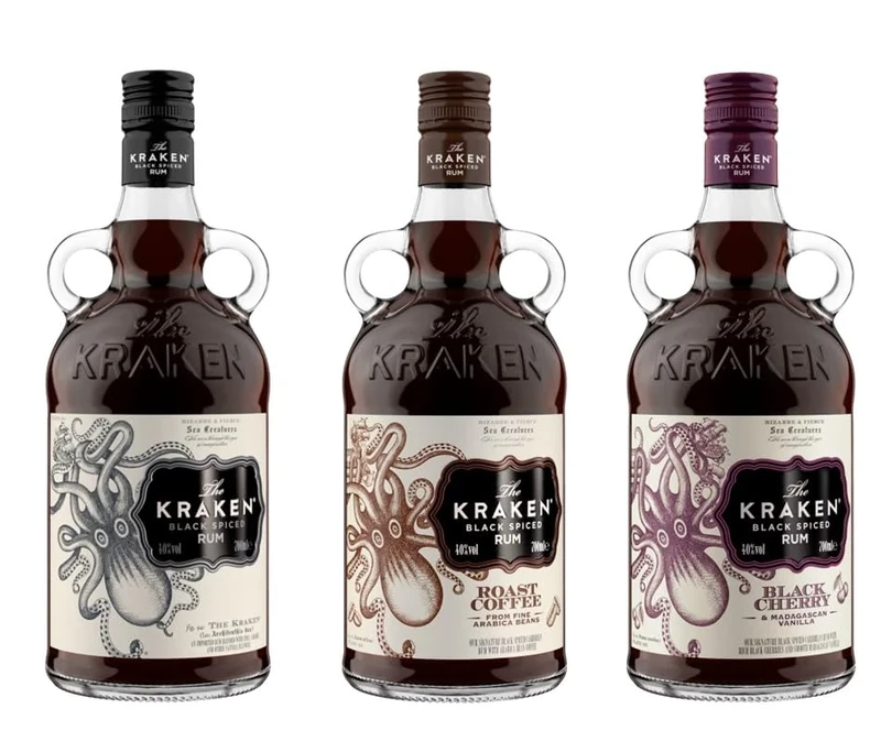 Kraken Black Spiced Rum Bundle Mix: Kraken Black Spiced Rum 70cl|Kraken Black Cherry and Madagascan Vanilla 70cl|Kraken Black Spiced Rum Roast Coffee 70 cl