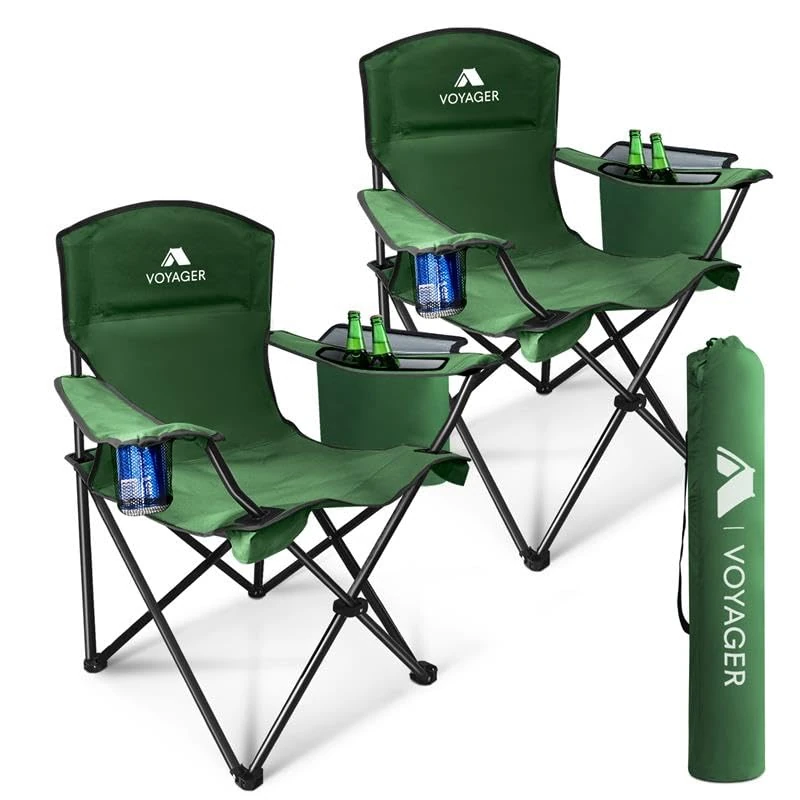 Voyager Folding Camping Chairs 2 Pack with Cooler Bag, Lightweight Q195 Steel Frame, 600D Oxford Fabric, Portable & Comfortable - Black (Green, Pouch/Cooling)