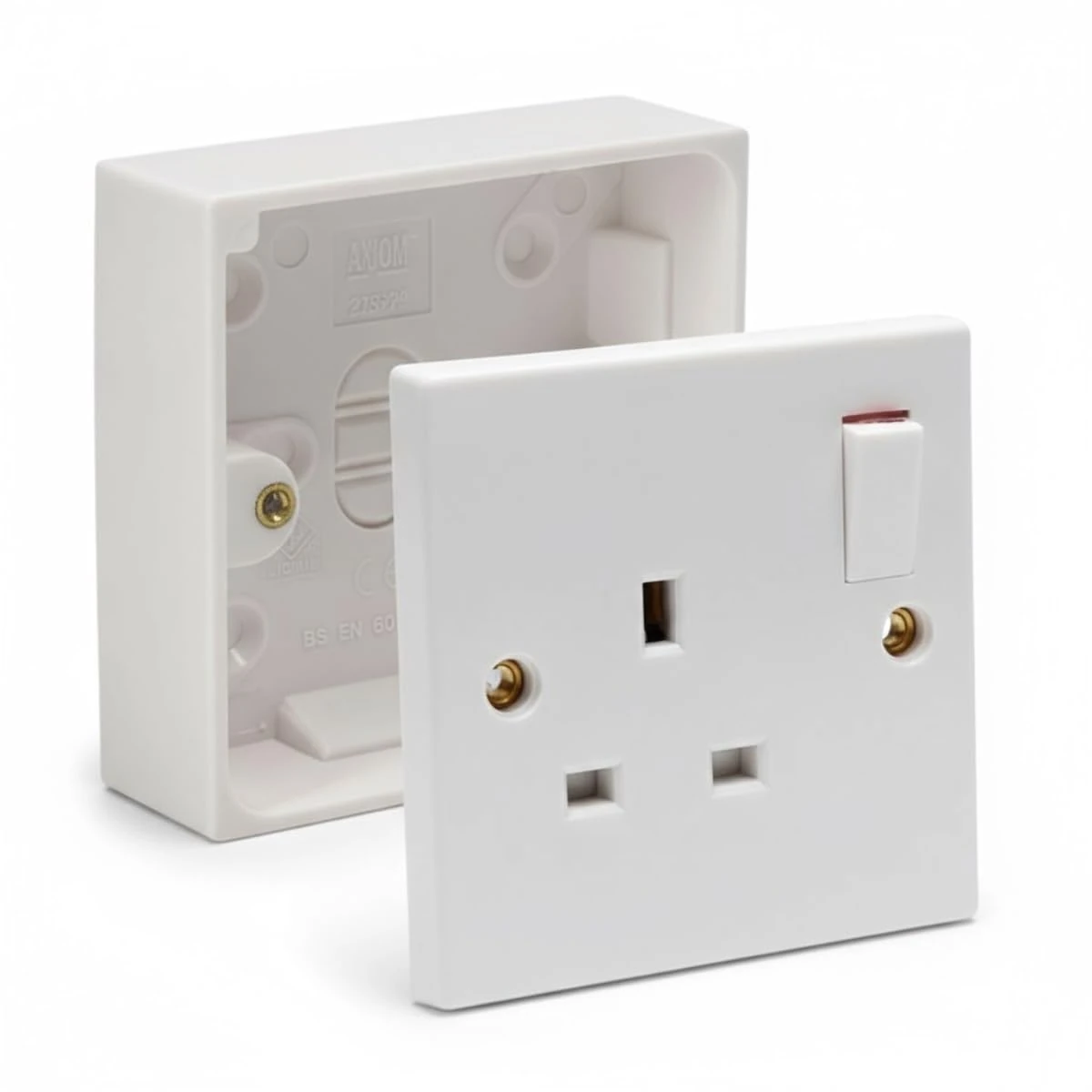 Single Switched Socket 1Gang 13Amps White Electrical Outlet - Compatible with Single 25/35/45mm Pattress Back Box Surface Mounted 1 Gang (1, SET with 25mm Box)