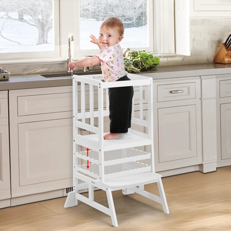 COSYLAND Kids Standing Tower - Adjustable Height Kids Kitchen Stool Helper - Kids Kitchen Step Stool for Learning with Anti-tip Support Corners (White)