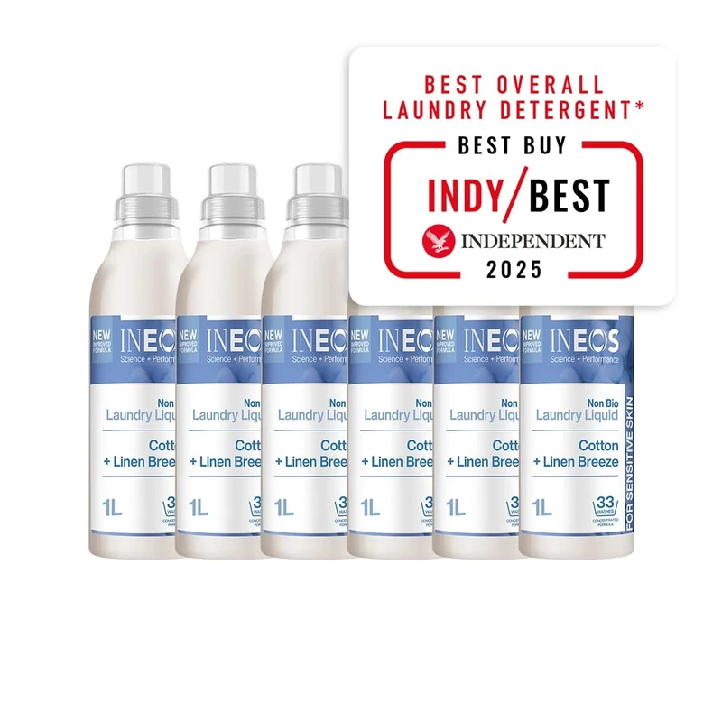 INEOS Non Bio Laundry Washing Liquid Detergent for Sensitive Skin, 198 Washes (6 x 1L) Stain Removal for Clothes, Plant Powered, Stress Relieving Fragrance, Vegan, Cruelty Free, Cotton + Linen Breeze