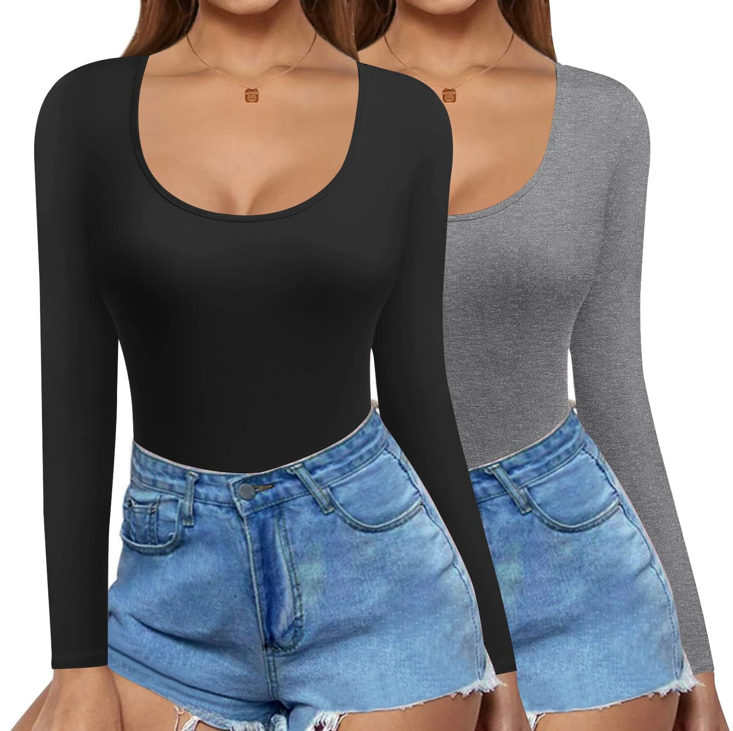 Ekouaer Black Long Sleeve Top Women Thermal Tops for Women Slim Round Neck Skim Dupe Crop Slim Top Blouse, Black+Grey, L