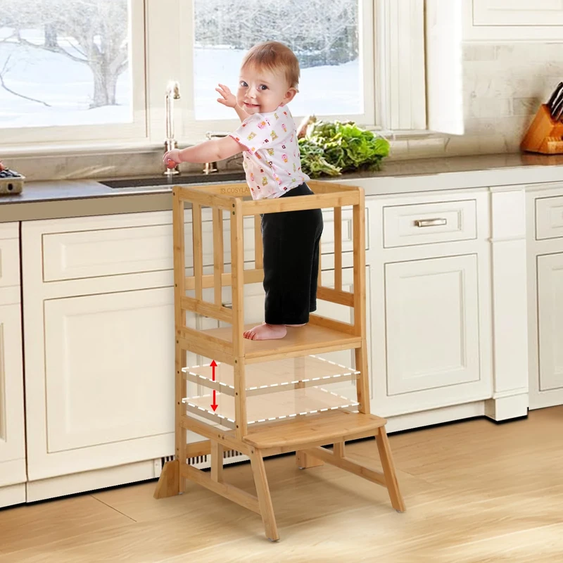 COSYLAND Height Adjustable Kids Kitchen Step Stool with Anti-tip Support Corners - Kids Standing Tower for Kitchen Counter, Bathroom, Nursery (Dark Yellow)