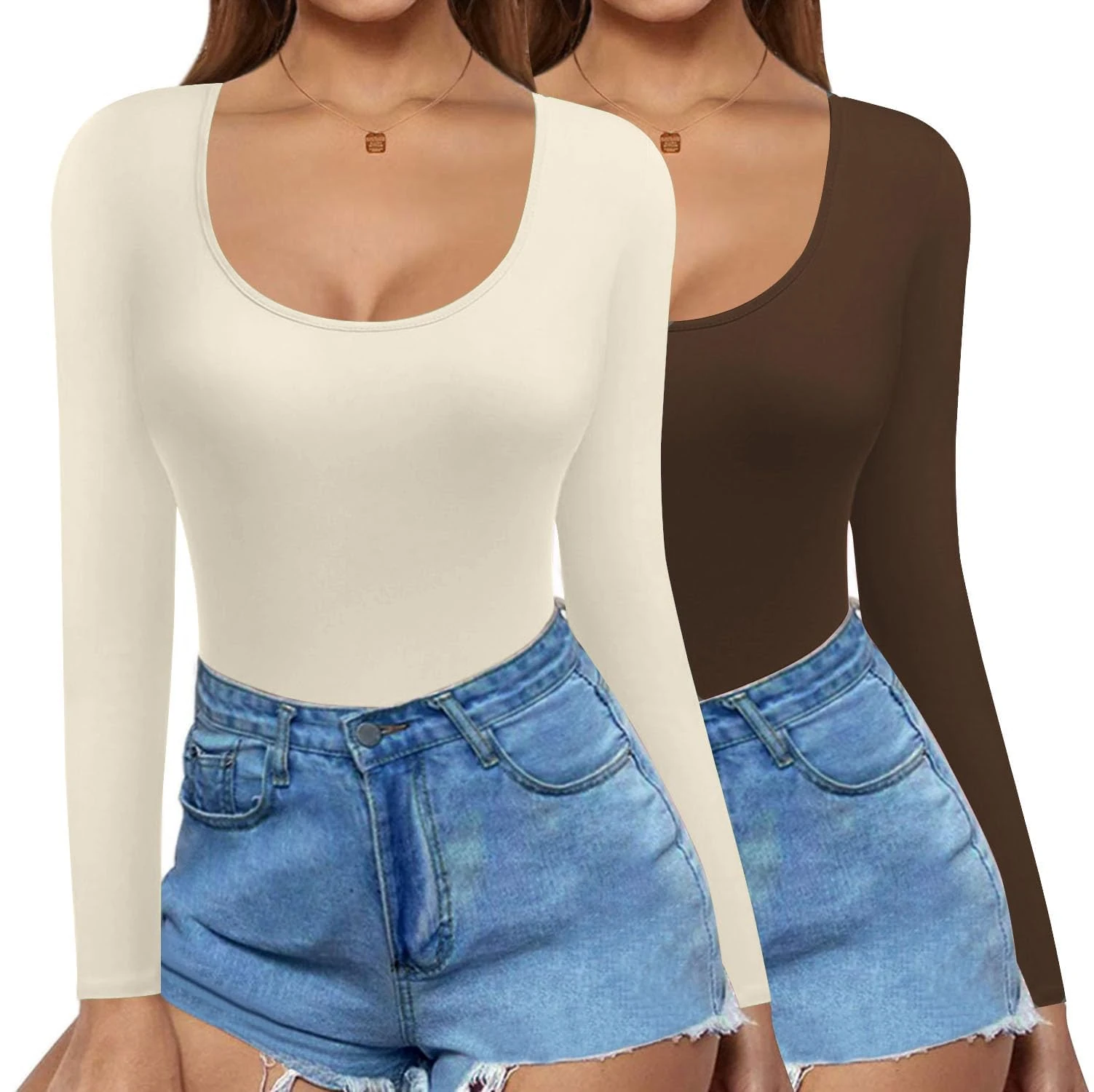 Ekouaer Women Basic Long Sleeve Top Slim Round Neck Thermal Tops for Women Skim Dupe Crop Slim Top Blouse, Beige+Coffee, L