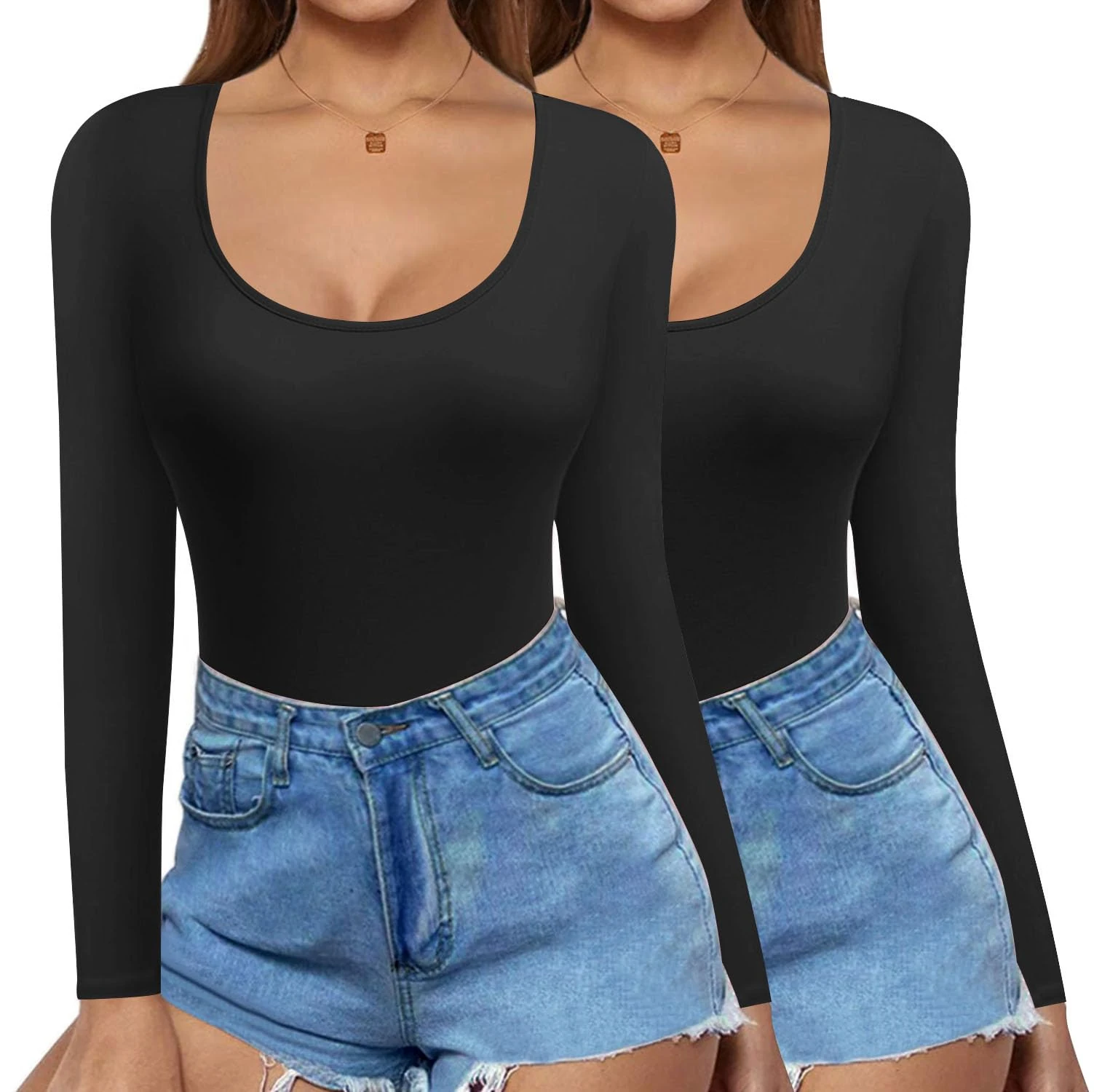 Ekouaer Black Long Sleeve Top Women Slim Round Neck Skim Dupe Crop Slim Top Blouse Thermal Vests for Women UK, Black+Black, L