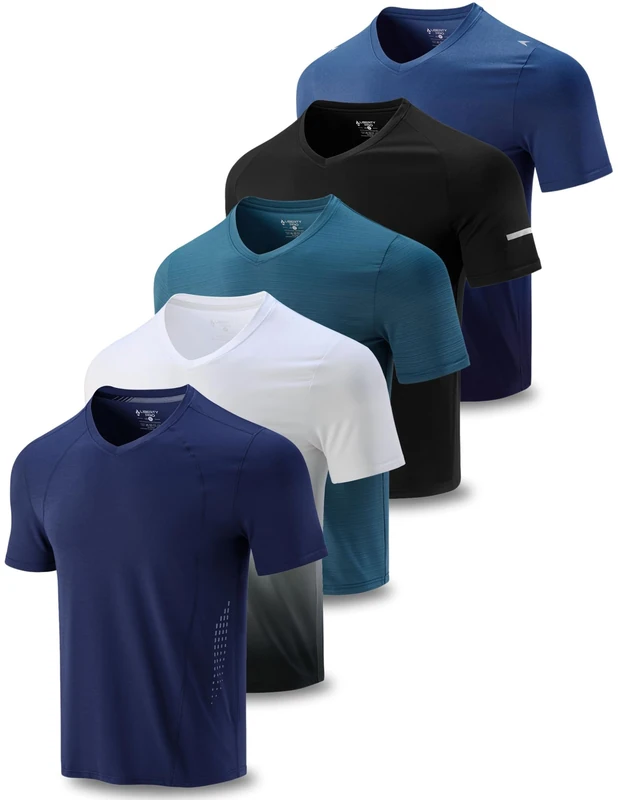 5 Pack Mens V-Neck Dry Fit T-Shirts, Active Athletic Short Sleeve Workout Tops, Performance Gym Tees (Available in Plus Size), Black/Dark Teal/Steel Blue/Gradient Blue/Gradient White, XXL