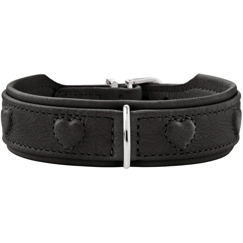 HUNTER SOHO X Love Dog Collar, Colour: Black, Cowhide Leather, Soft & Supple, Padded and Fur Friendly, Sewn-in Hearts, Lightweight, for Small Dogs and Puppies, Made in Germany, Size: 32