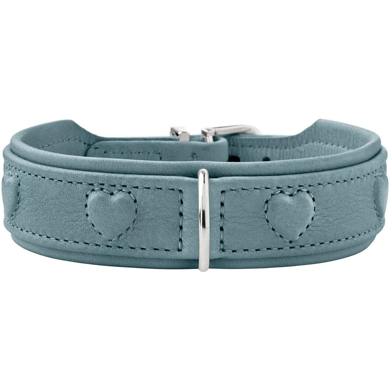 HUNTER SOHO X Love Dog Collar, Colour: Light Blue, Cowhide Leather, Soft & Supple, Padded and Fur Friendly, Sewn-in Hearts, Lightweight, for Small Dogs and Puppies, Made in Germany, Size: 47