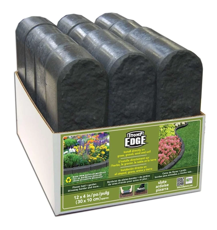 Marble Stone Effect 30x10x12cm Stomp Garden Edging Bricks, Recycled Rubber- (Graphite, Set of 12)