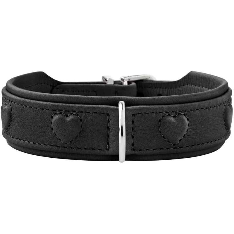 HUNTER SOHO X Love Dog Collar, Colour: Black, Cowhide Leather, Soft & Supple, Padded and Fur Friendly, Sewn-in Hearts, Lightweight, for Small Dogs and Puppies, Made in Germany, Size: 37