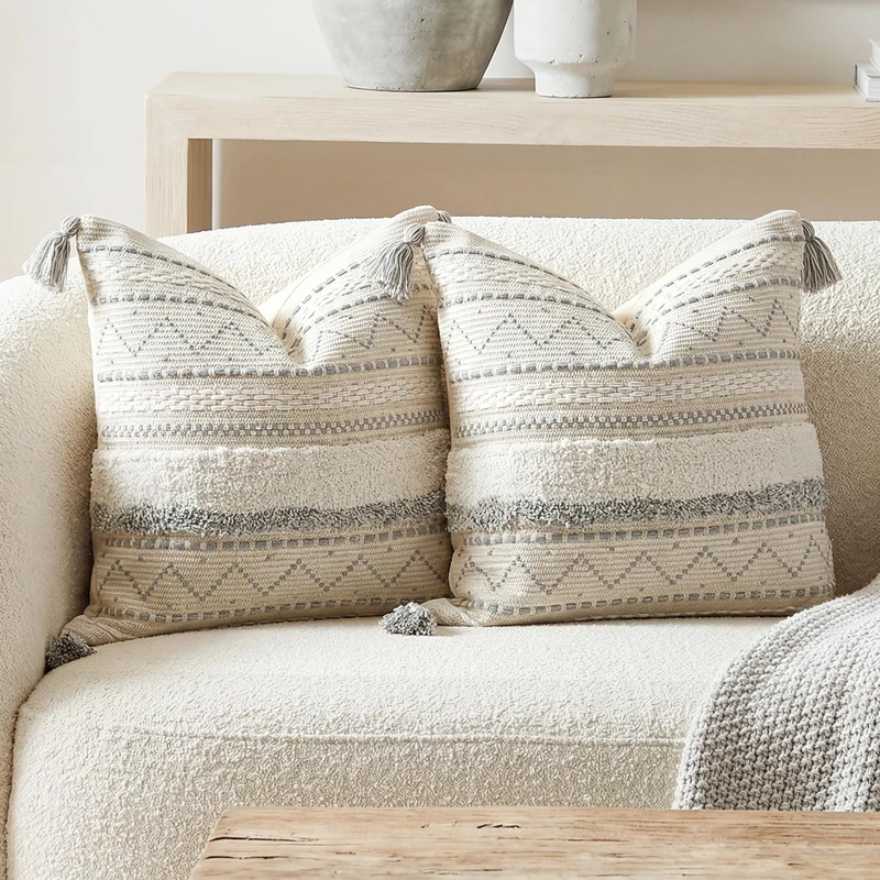 BlissBlush Gray Decorative Throw Pillow Cover 18X18 Combo Set of 2 Square Boho Neutral Grey Accent Pillowcase Tassels Farmhouse Cushion for Couch Sofa Bedroom Living Room Home Décor Cover ONLY