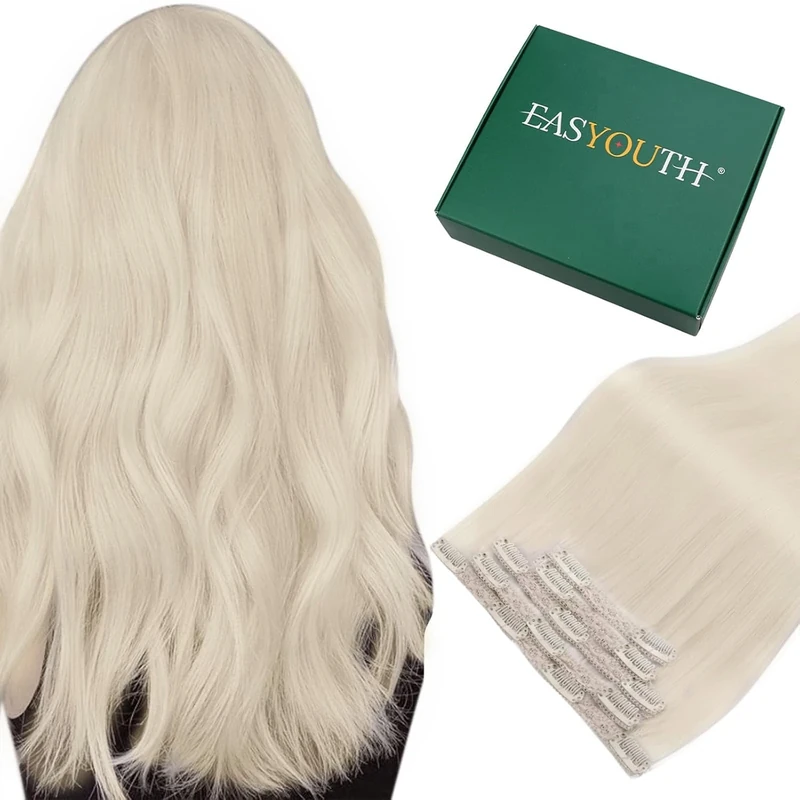 Easyouth Blonde Clip in Human Hair Extensions Real Human Hair Clip in Extensions Double Weft Clips on Real Hair Extensions White Blonde #1000 for Daily Use 18Inch 70g 5Pcs