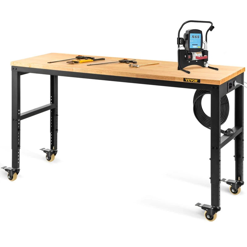 VEVOR Height Adjustable Workbench, 48" L x 24" W x 41" H, Garage Table from 31" to 41" Height, 1600 LB Capacity, with Sockets, Hardwood Plate, Metal Frame and Casters