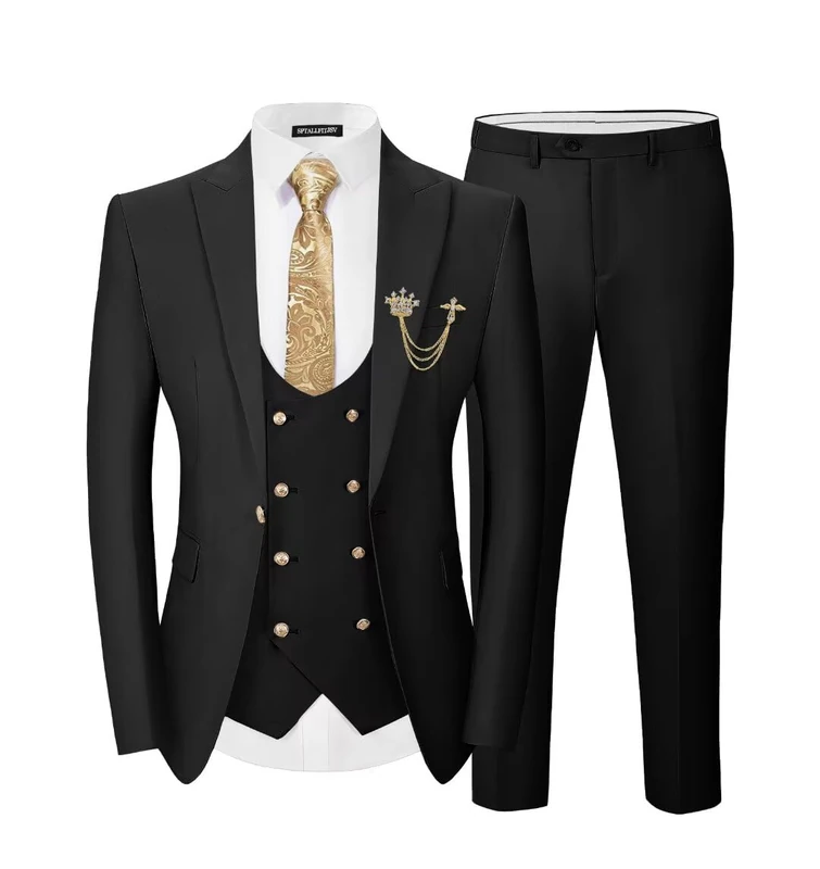 SPTALLFITJSV Men 3 Pieces Suits Slim Fit Wedding Prom Solid Blazer Double Breasted Vest and Pants Gold Button Tuxedo Set, Black, M