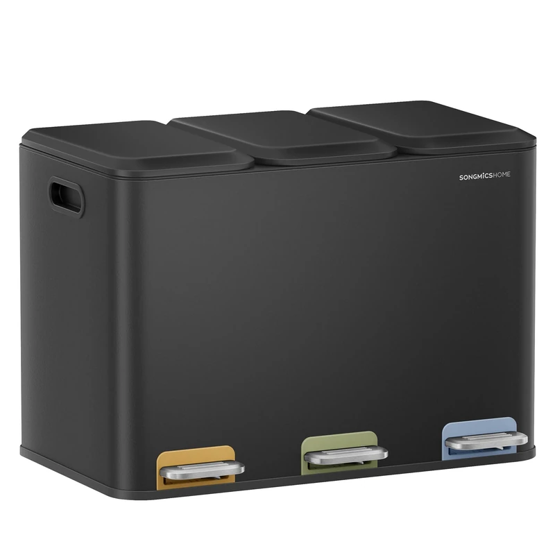 SONGMICS HOME Triple Kitchen Bins, 3 x 4 Gallon (3 x 15 L) with Colour-Coded Pedals, Separating Waste, Steel, Ink Black