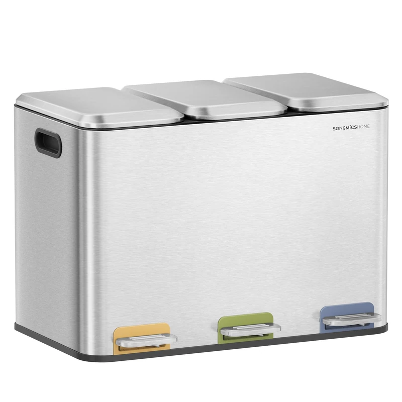 SONGMICS Triple Kitchen Bins, 3 x 4 Gallon (15 L) Recycling Bins with Colour-Coded Pedals, Waste Separation System, Steel, Metallic Silver