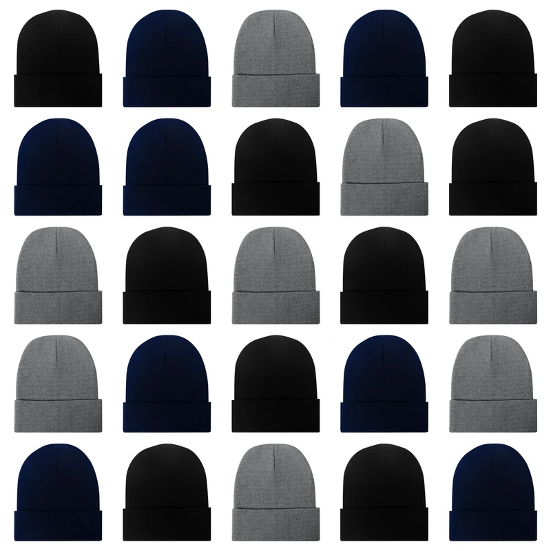 LYDTICK 25 Pack Winter Beanie Hats Bulk for Men Women, Wholesale Knit Beanies Cold Weather Skull Caps, Black/Gray/Navy, M/One Size - Image 1