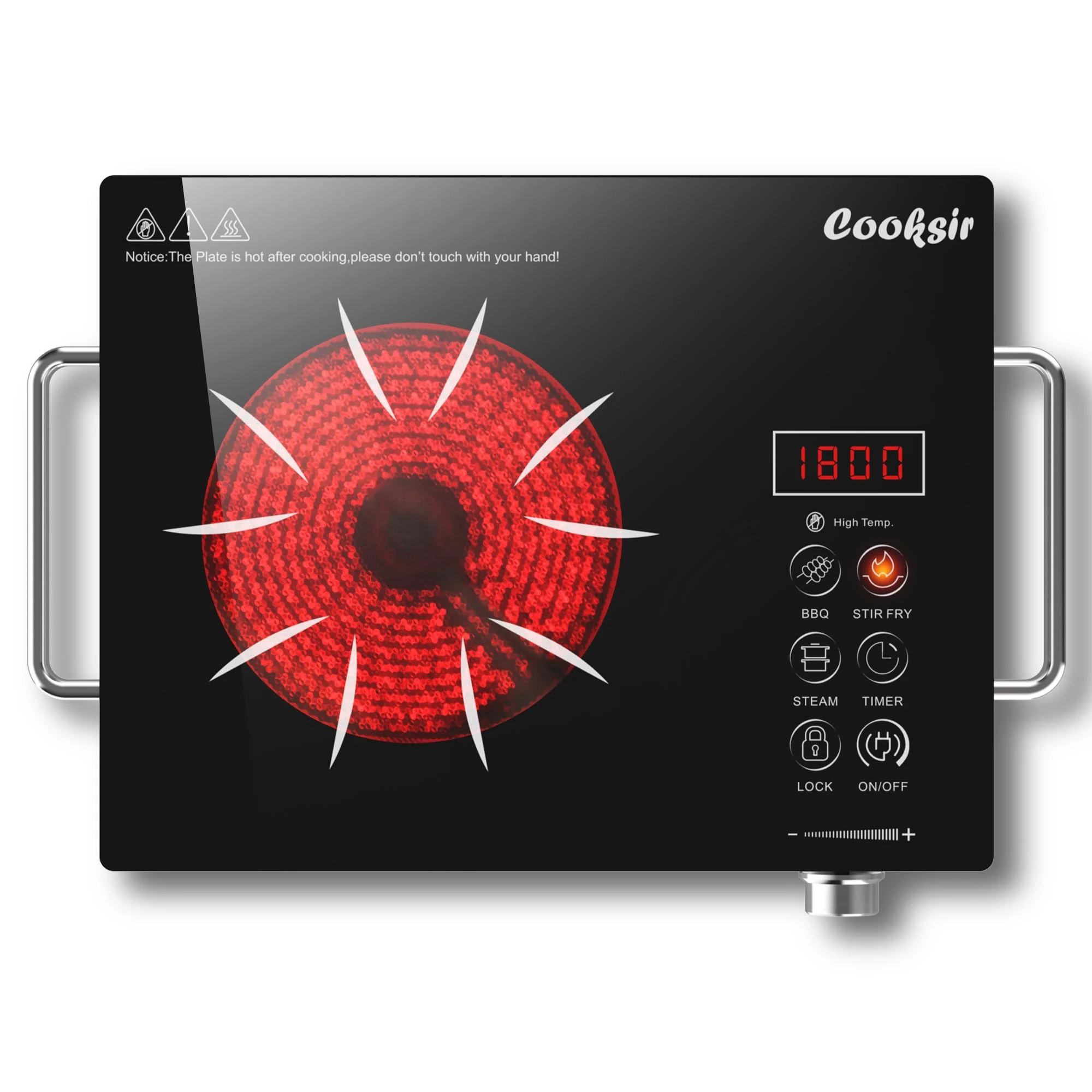 Cooksir Single Ceramic Hob Portable with BS Plug, Plug in Ceramic Hob, Knob and Touch Control, Electric Hob 1 Ring 2000W, Tabletop with Handle, Rubber Foot Mats, Safety Lock, 230V