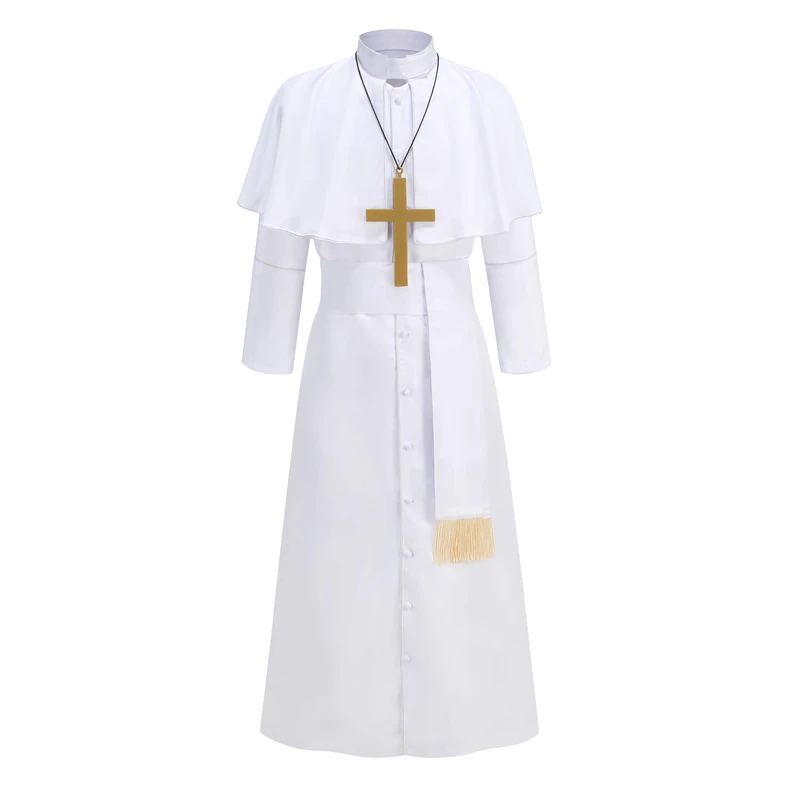GRAJTCIN Priest Costume for Men Clergy Robes for Men Pastor Costume Pope Costume Medieval Priest Monk Hooded Robe Suit for Men XXL, White