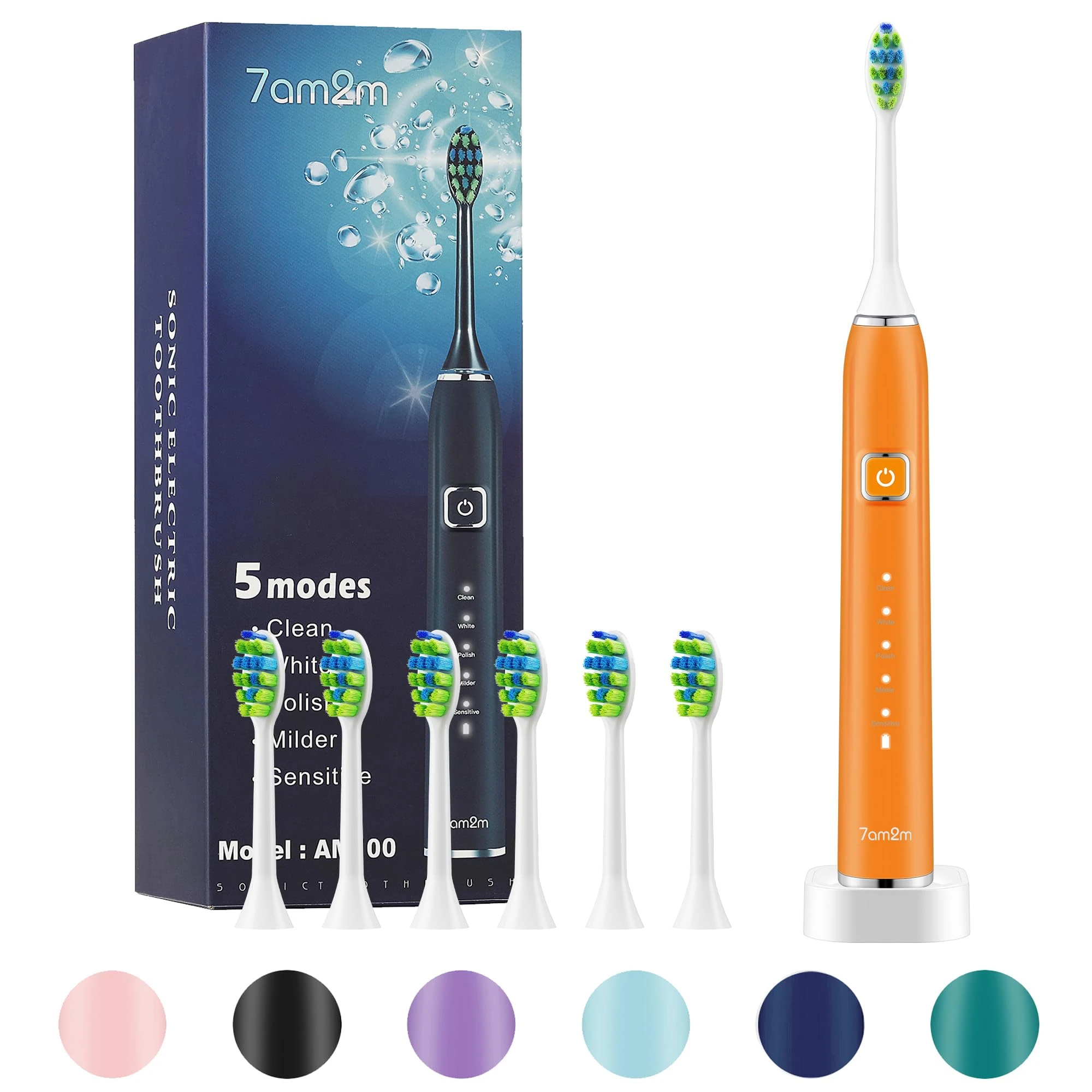 7AM2M Sonic Electric Toothbrush with 6 Brush Heads for Adults and Kids, One Charge for 90 Days, Wireless Fast Charge, 5 Modes with 2 Minutes Build in Smart Timer, Electric Toothbrushes(Orange)