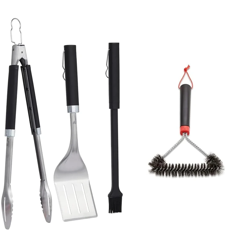 Weber Premium BBQ Tools Set - 3 Pcs | Stainless Steel Tongs, Spatula & Baster for Barbeque Cooking & 6277 30 cm Three-Sided Grill Brush, Black/Silver