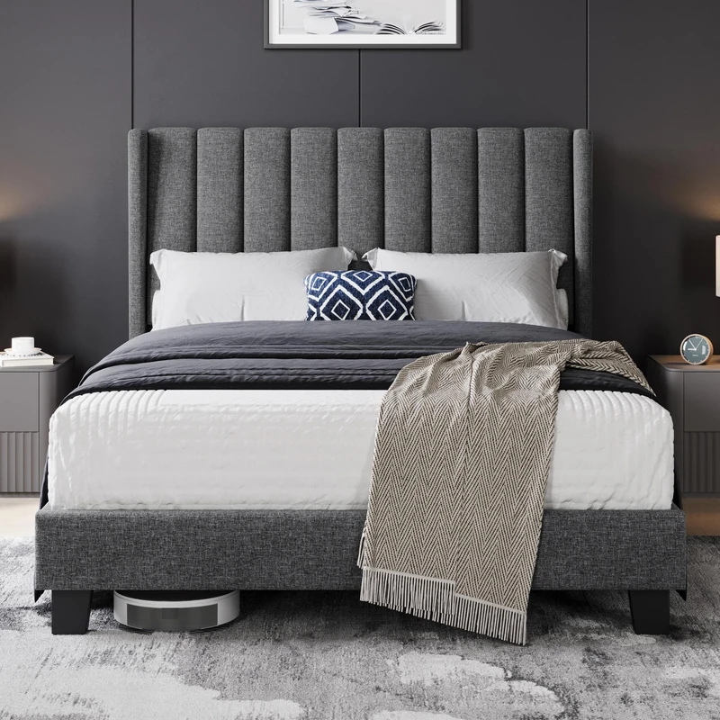 Yaheetech Double Bed Frame, Upholstered Platform Bed with Channel Tufted Headboard & Wing Side, Wood Slat Support, Mattress Foundation, No Box Spring Needed, Noise-free, 4ft6 Double Bed Dark Grey