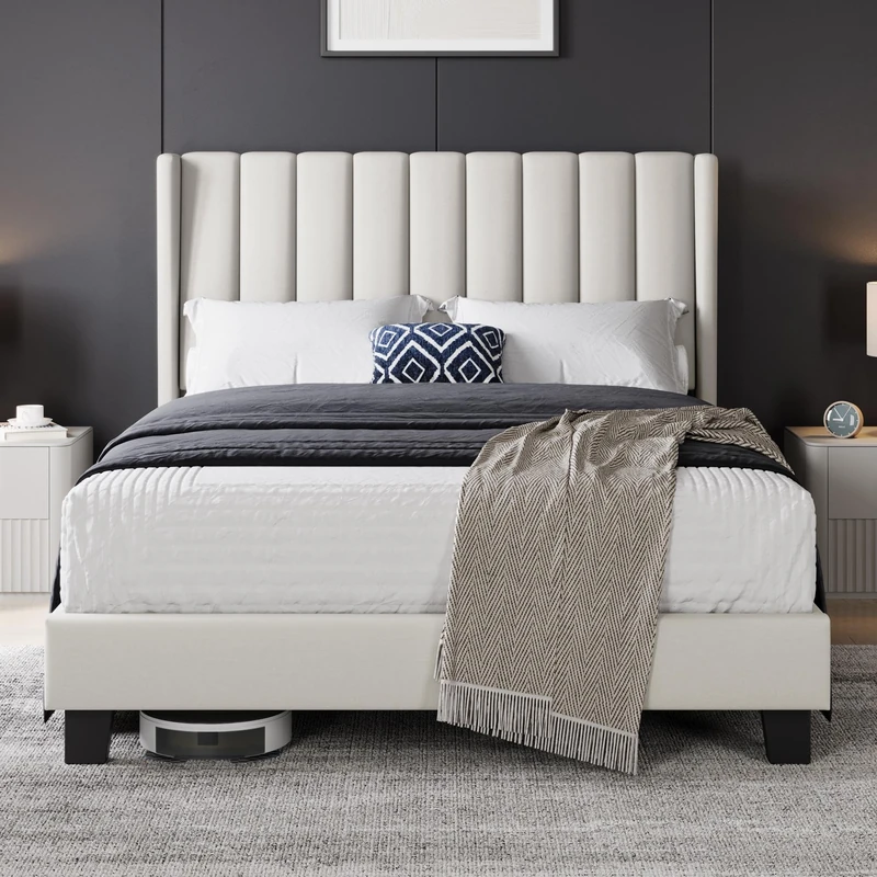 Yaheetech 4ft6 Double Bed Frame, Channel Tufted Wing Headboard, Beige