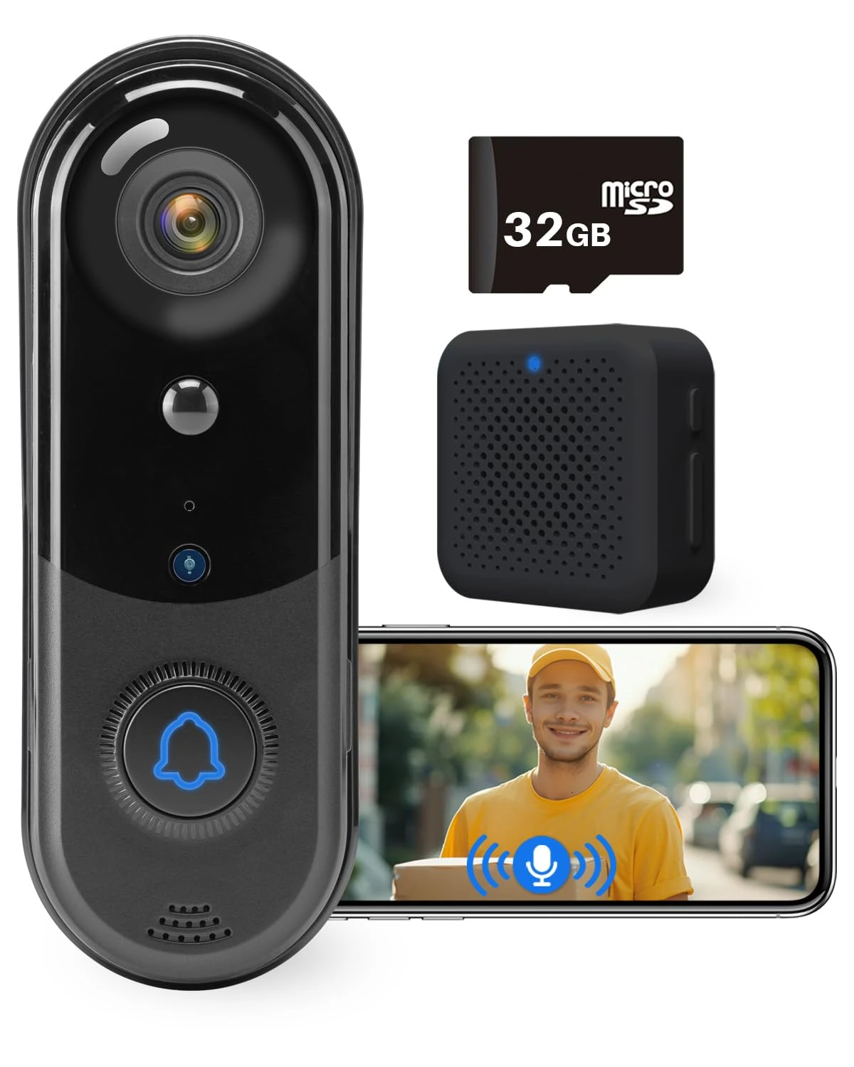 1080P Video Doorbell Camera with 32 GB SD Card, Wireless Doorbell Camera Outdoor, No Monthly Fee, indoor chime, 2.4G WiFi, IP65 Waterproof, Night Vision, Ai Human Detection, SD Card/Cloud Storage (J1)