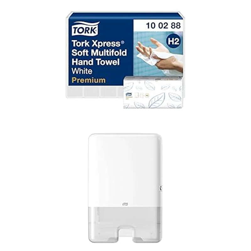 Tork Xpress Soft Multifold Hand Towels Premium 100288 & Tork Xpress Multifold Hand Towel Wall Mounted Dispenser White 552000, H2 Premium Paper Hand Towels and Wall Mounted Dispenser Bundle